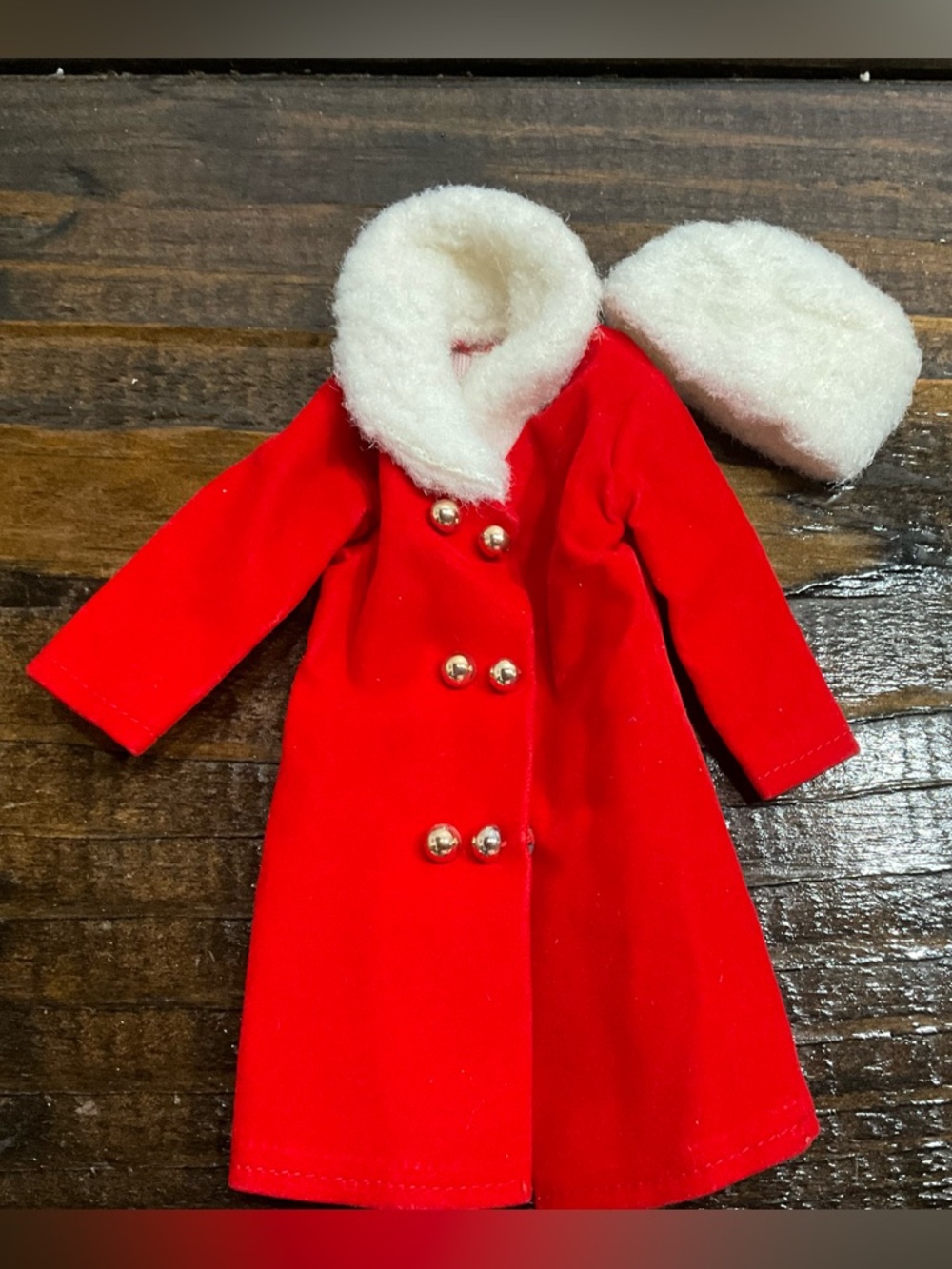 Vintage Barbie Red Velvet Style Coat with Buttons Faux Fur Collar Hat MCM